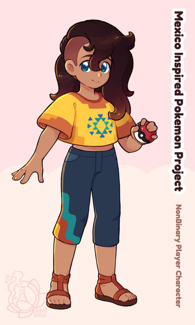 "Nonbinary Trainer Design" made for a collaborative project where artists designed trainers and Pokemon for a Mexican themed region.